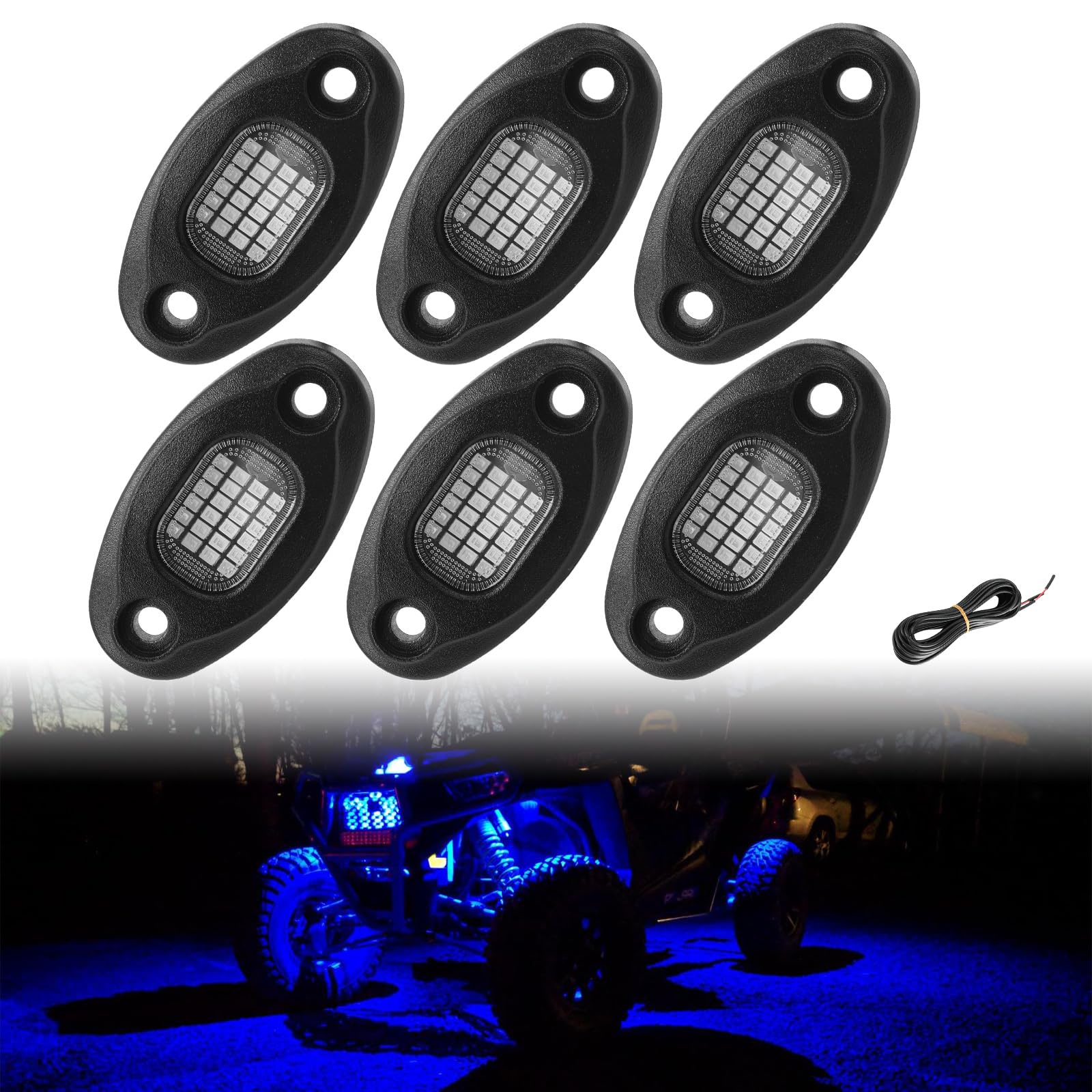 Sunpie 6 Pods Blue Rock Lights 24 Aluminium Metal Underglow Light With 32.8Ft Extension Wires, Ip67 Waterproof Fender Lighting For Trailer Off Road Trucks Sedans Suv Atv Utv Motorcycles Boats